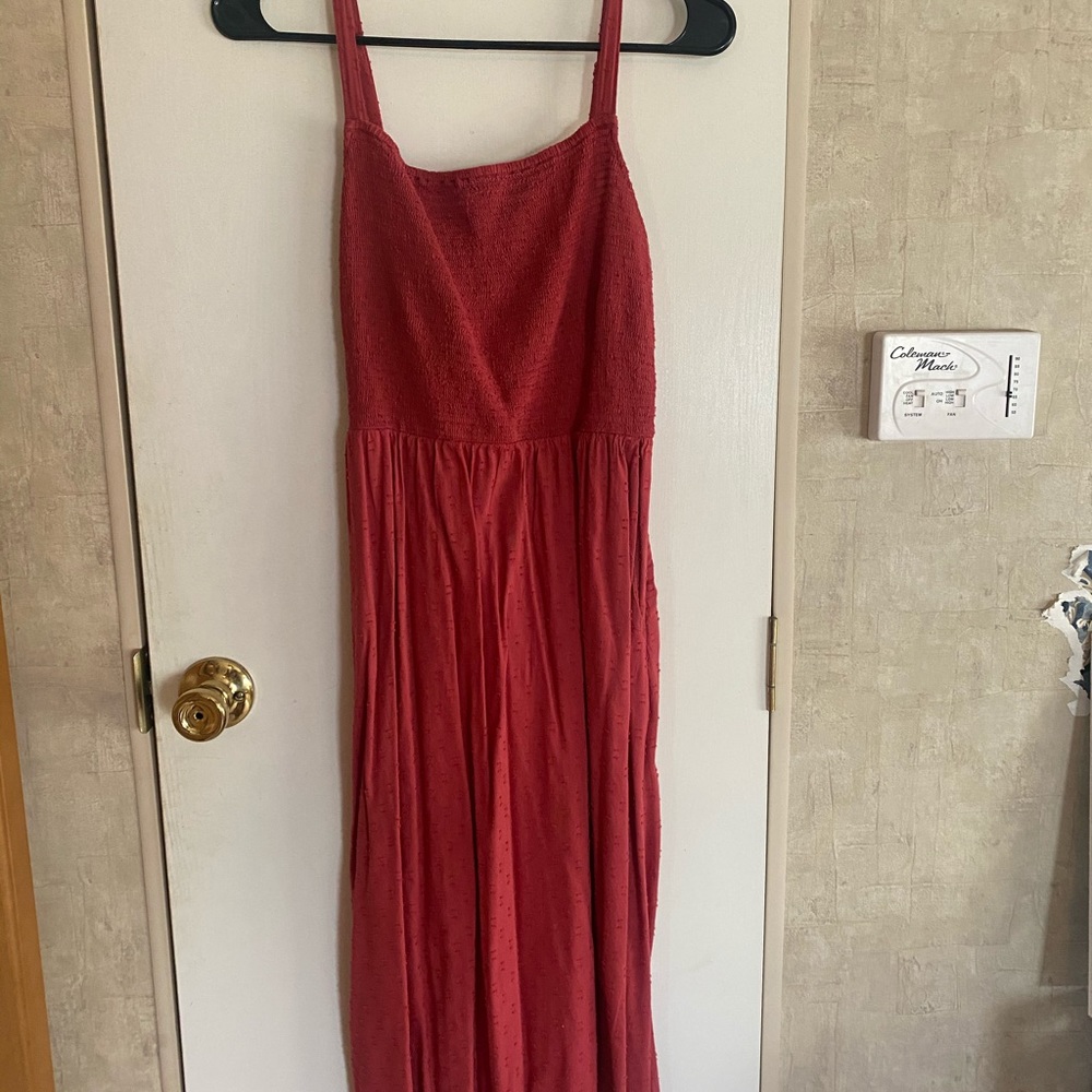 Red below the knee spaghetti strap dress